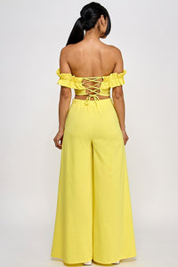 Yellow Off Shoulder Ruffle Detail Crop Top With Pants Set