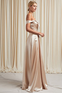 Champagne Off Shoulder A Line Satin Dress