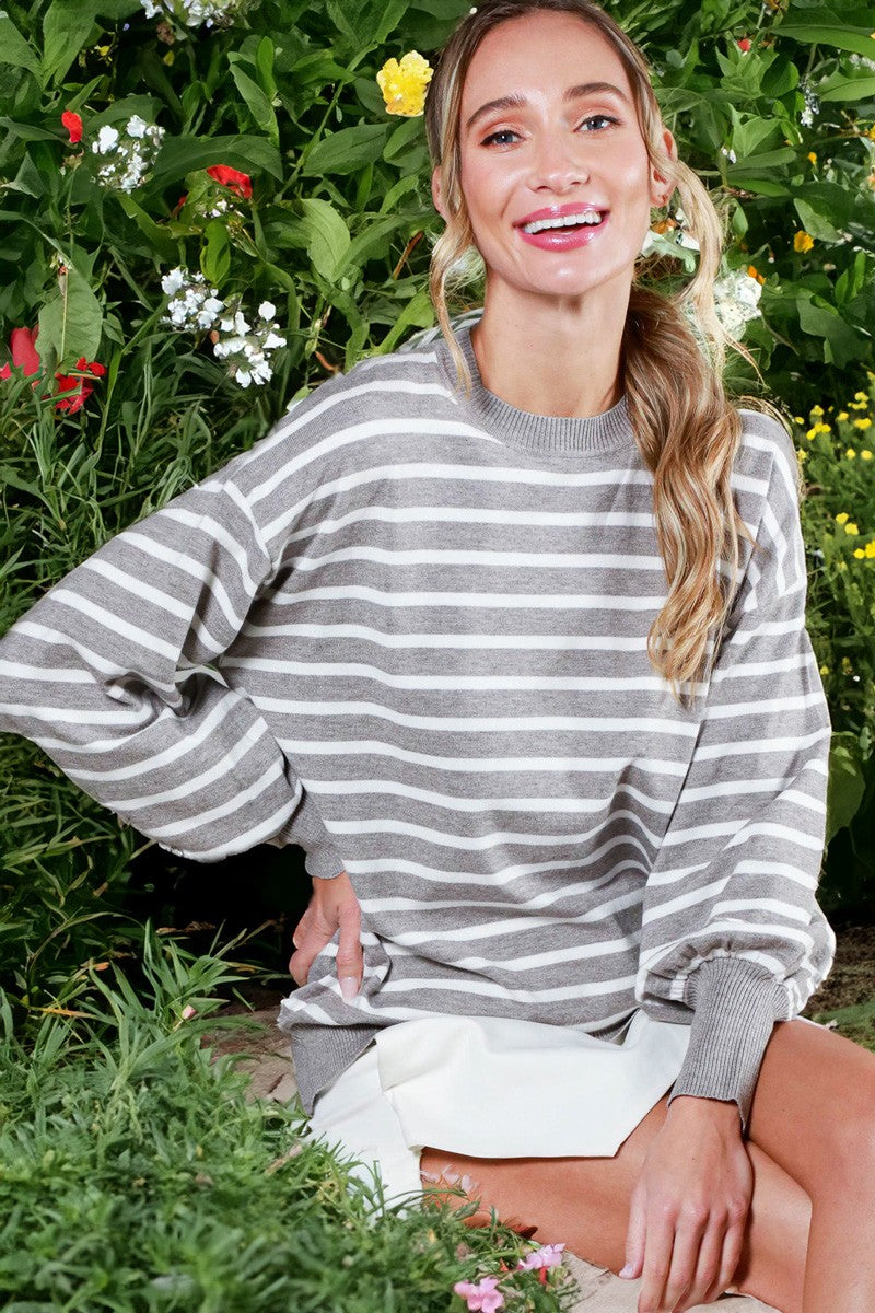 Grey Balloon Long Sleeve Striped Sweater Top