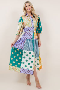 Multi Patchwork Print Short Sleeve Button Down Dress