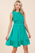 Green Sleeveless Smocked Ruffle Hem Shirred Mini Dress