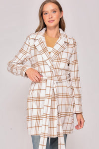 White/Camel Plaid Print Open Front Cozy Coat