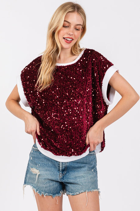 Burgundy/White Gameday Velvet Seuquin Top