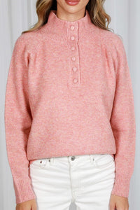 Pink Mock Neck Button Detail Sweater