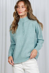 Blue Mock Neck Button Detail Sweater