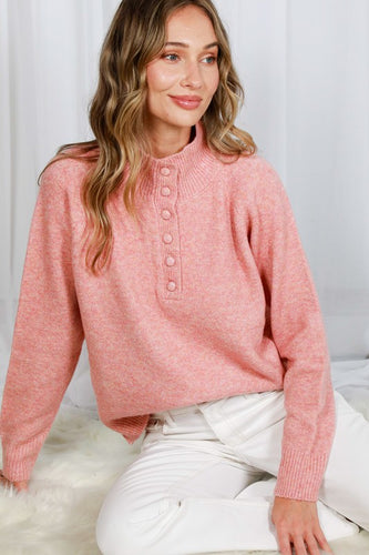 Pink Mock Neck Button Detail Sweater