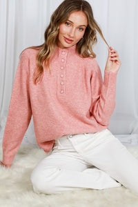 Pink Mock Neck Button Detail Sweater