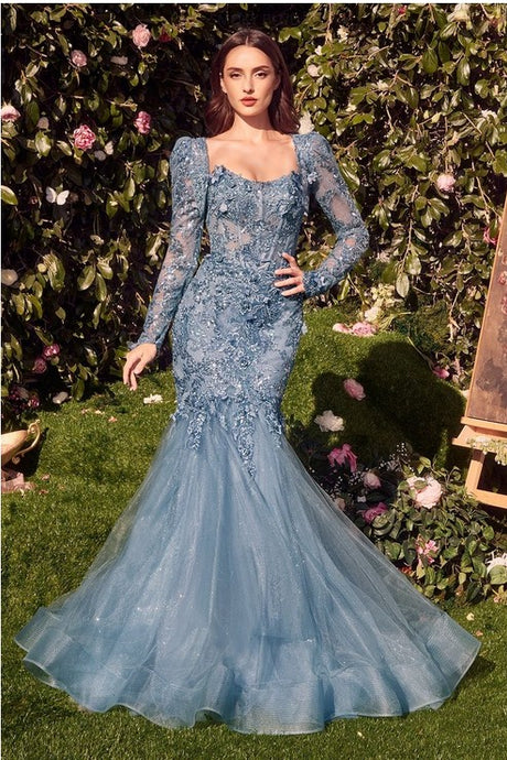 Smoky Blue Strapless Mermaid Dress With Removable Bolero