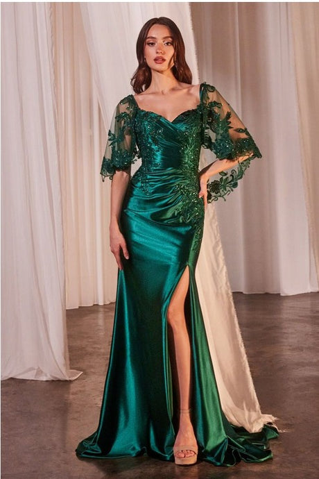 Emerald Stretch Satin Fitted Dress & Removable Lace Caplet