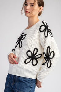 Off White Flower Stitch Long Sleeve Sweater Top