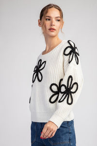 Off White Flower Stitch Long Sleeve Sweater Top