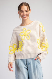 Oatmeal Flower Stitch Long Sleeve Sweater Top