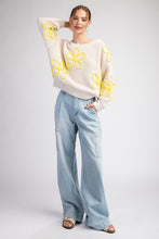 Oatmeal Flower Stitch Long Sleeve Sweater Top