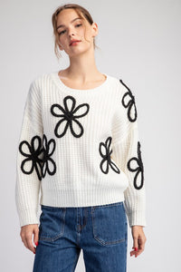 Off White Flower Stitch Long Sleeve Sweater Top