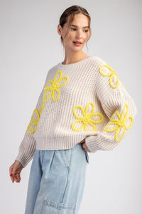 Oatmeal Flower Stitch Long Sleeve Sweater Top