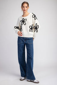 Off White Flower Stitch Long Sleeve Sweater Top