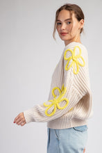 Oatmeal Flower Stitch Long Sleeve Sweater Top