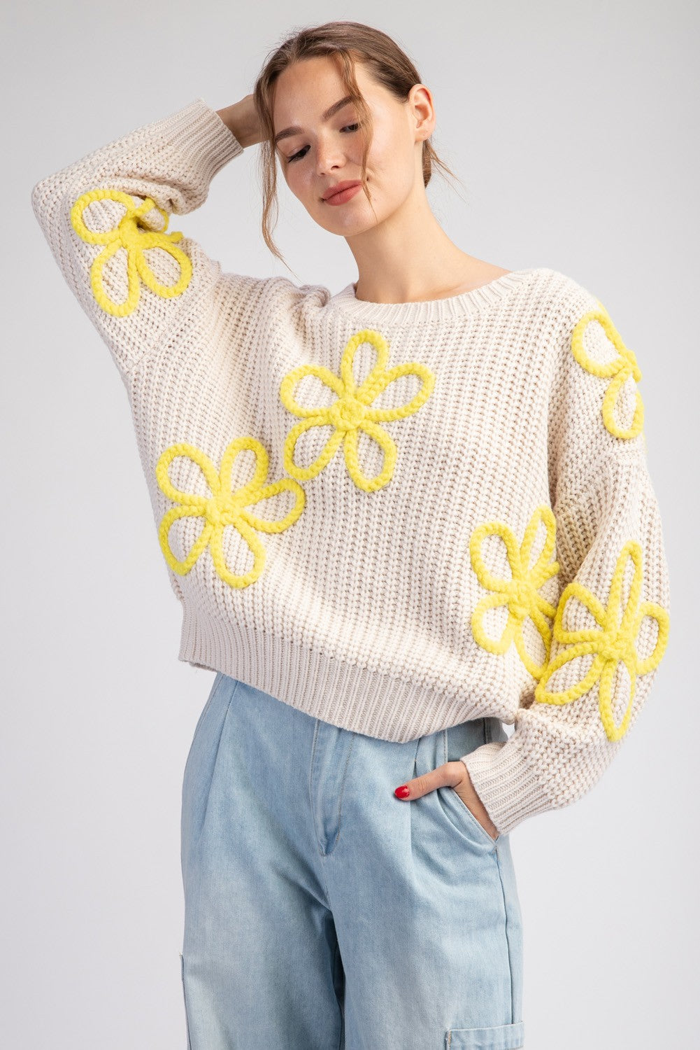 Oatmeal Flower Stitch Long Sleeve Sweater Top