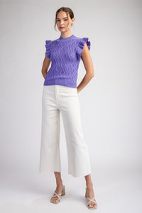 Purple Ruffle Sleeve Textured Sweater Top