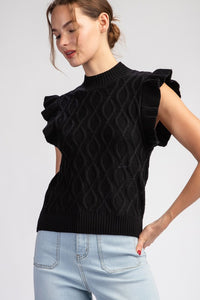 Black Ruffle Sleeve Textured Sweater Top