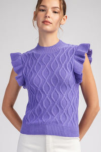 Purple Ruffle Sleeve Textured Sweater Top