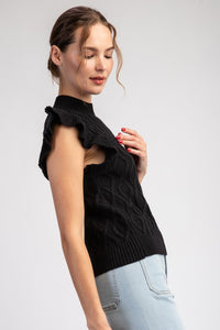 Black Ruffle Sleeve Textured Sweater Top