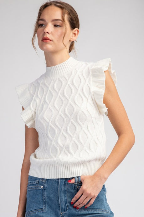 Ivory Ruffle Sleeve Textured Sweater Top