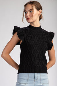 Black Ruffle Sleeve Textured Sweater Top