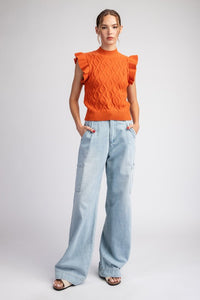 Carrot Ruffle Sleeve Textured Sweater Top