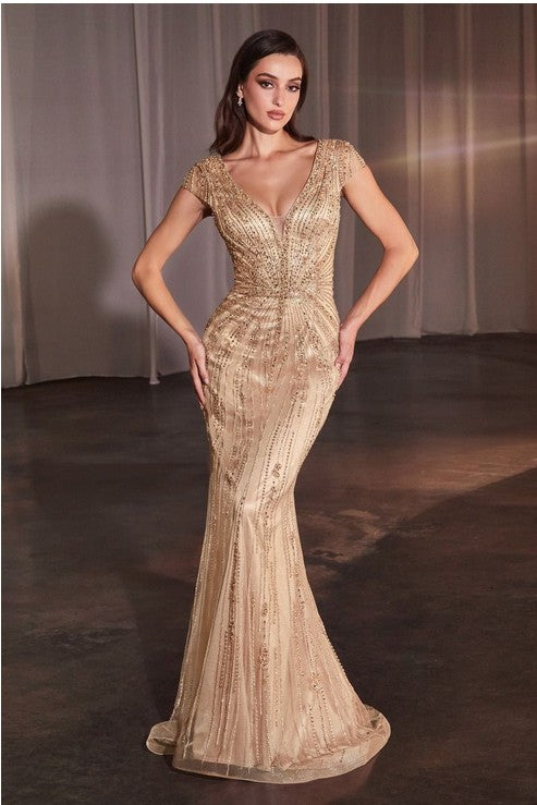 Gold Beaded Cap Sleeve Fitted Dress