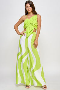 Lime Twisted Bow Detail Top With Printed Wide Leg Pants Set