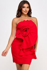 Red Sweetheart Tube Top Dress With Flower Motif Detail