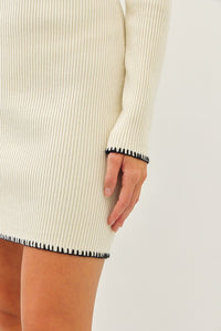 Cream/Black Sweetheart Contrast Stitch Sweater Bodycon Dress