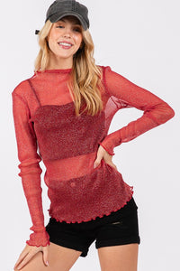 Red Metallic Mesh Long Sleeve Top