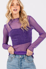 Purple Metallic Mesh Long Sleeve Top