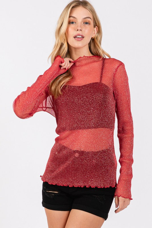 Red Metallic Mesh Long Sleeve Top