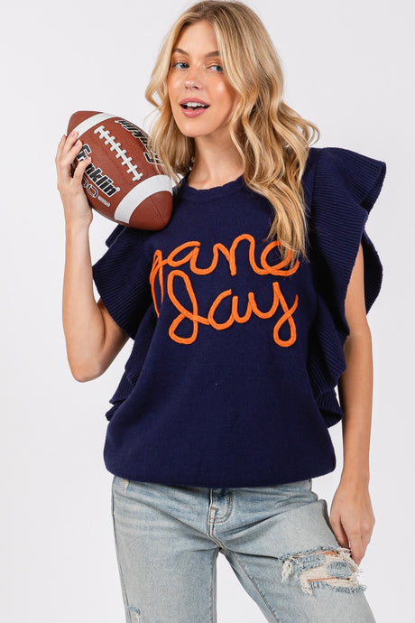 Navy/Orange Ruffle Sleeve Gameday Sweater Top