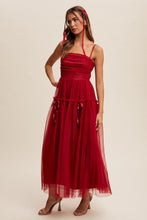 Wine Ruched Mesh Bow Detail Maxi Dress