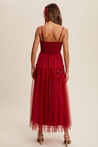 Wine Ruched Mesh Bow Detail Maxi Dress