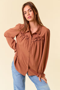 Caramel Textured Woven Long Sleeve Button Down Blouse