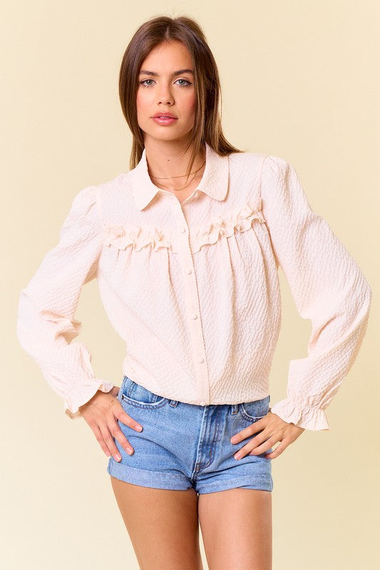 Cream Textured Woven Long Sleeve Button Down Blouse