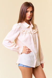 Cream Textured Woven Long Sleeve Button Down Blouse