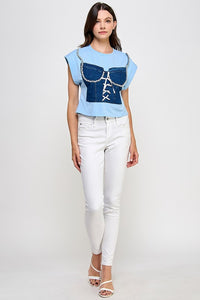 Blue Denim N Rhinestone Detail T Shirt