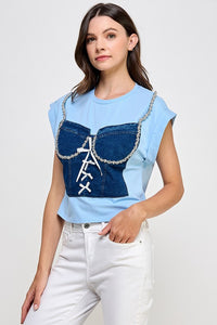 Blue Denim N Rhinestone Detail T Shirt