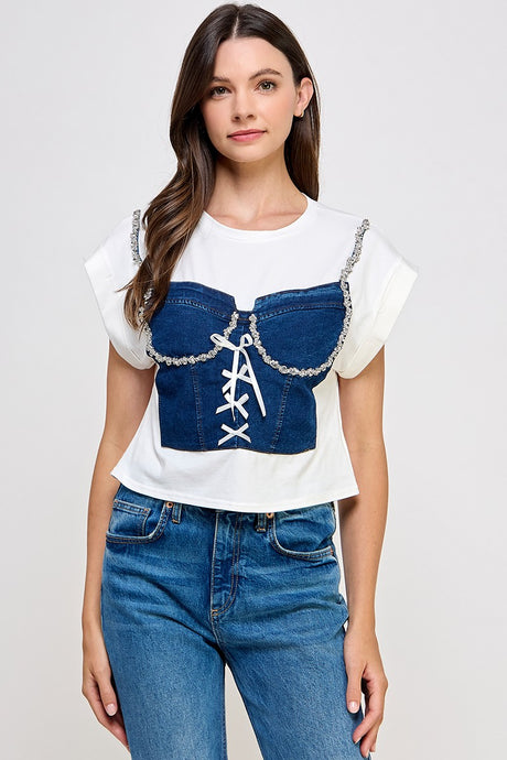 White Denim N Rhinestone Detail T Shirt