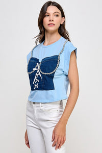 Blue Denim N Rhinestone Detail T Shirt