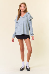 H.Grey Mir Hacci V-Neck Puff Long Sleeve Ruffled Top