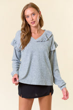 H.Grey Mir Hacci V-Neck Puff Long Sleeve Ruffled Top