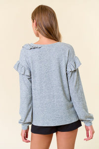 H.Grey Mir Hacci V-Neck Puff Long Sleeve Ruffled Top