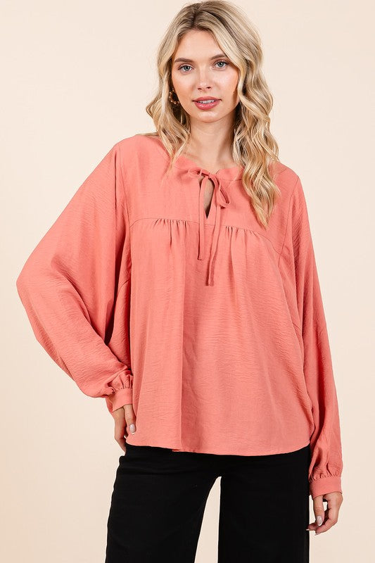 Vintage Coral Airflow Tie Detail Balloon Long Sleeve Blouse